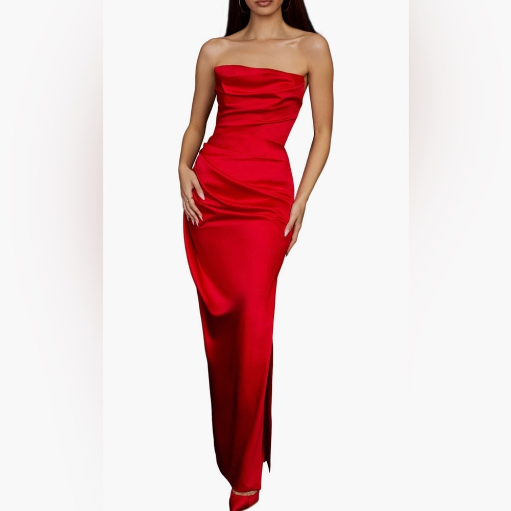 HOUSE OF CB Adrienne Gathered Satin Strapless Gown
